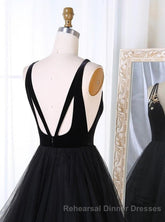 A Line V Neck Tulle Black Ball Gown, Black Semi Formal Prom, Black Semi Formal Prom